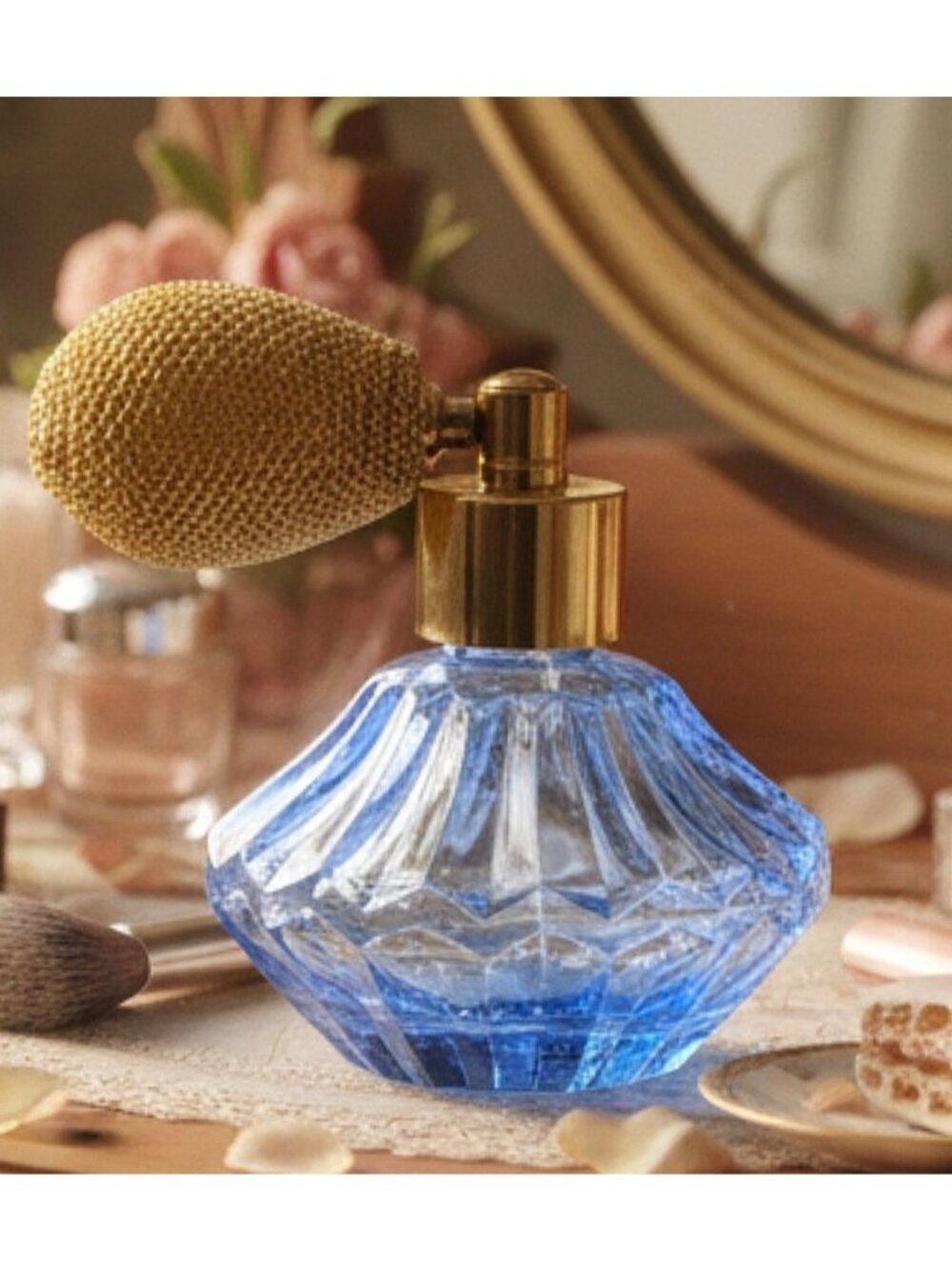 Vintage 1960s Faceted Perfume Bottle , Cornflower Blue, Gold Sprayer Bulb  3" Wo